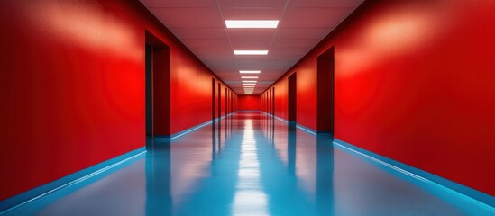 Fototapeta premium A long, narrow hallway with red walls, blue floor and white ceiling lights, creating a sense of endlessness.
