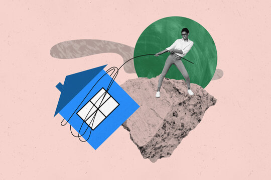Creative collage young woman pull string house apartment home relocation mortgage credit accommodation rock stone fragment