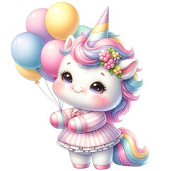 A cute unicorn with balloons illustration 