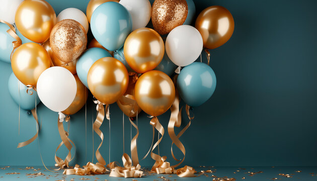 Fondo para cumplea&ntilde;os fiesta y celebraci&oacute;n con globos azules, dorados blancos y tonos azul pastel con confeti y lazos de regalo.