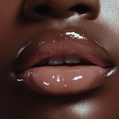 Obraz premium Textured Close-Up of Model's Lips with Glossy Finish, Close-Up on Model's Lips and Skin with Soft Lighting