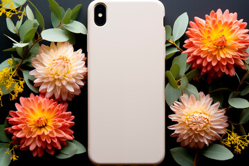 Vista posterior de Smartphone moderno con carcasa en blanco listo para insertar carcasa sobre fondo ornamental y colorido.