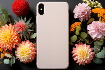 Vista posterior de Smartphone moderno con carcasa en blanco listo para insertar carcasa sobre fondo ornamental y colorido.