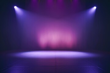 a dimly lit stage or room with a gradient of purple and pink hues