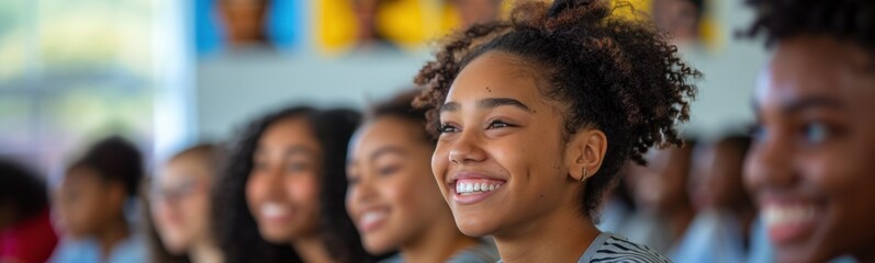 Obraz premium Smiling young girl with afro hair standing in front of a group of other people