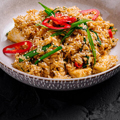 Spicy chicken fried rice garnished with green onion and sesame seeds