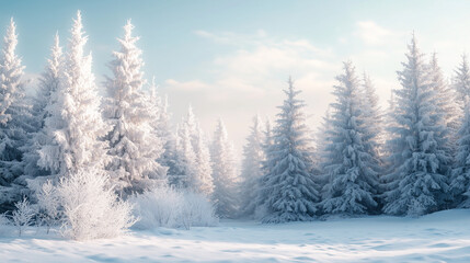 Fototapeta premium Frosted Pine Trees And Soft Winter Landscape At Sunrise