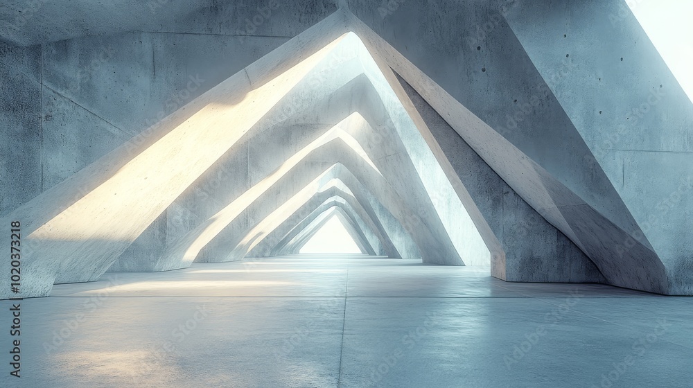 Poster abstract concrete structure with light streaming through a narrow passageway