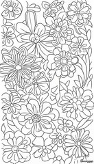 Obraz premium Detailed Floral Pattern, Black and White Line Drawing of Various Flowers for Coloring or Design