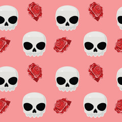 Seamless pink background featuring white skulls and red roses, perfect for Halloween and Day of the Dead
