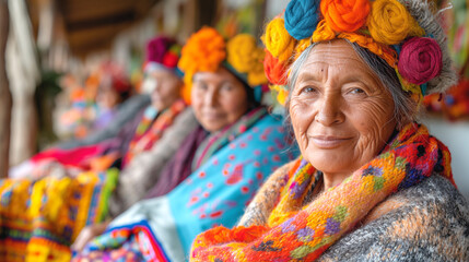 Fototapeta premium Rural Women Knitting Traditional Scarves from Organic Wool 