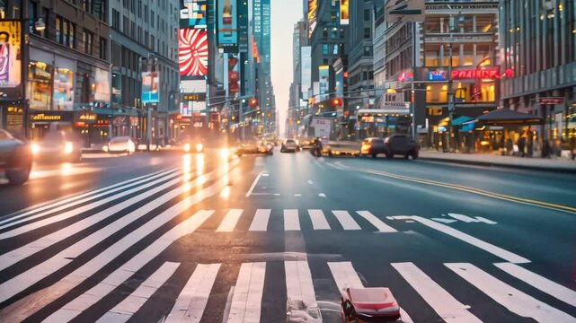 A bustling city street with cars honking and pedestrians crossing a crosswalk at dusk, Cars honking and pedestrians bustling through a busy intersection