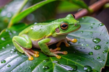 Naklejka premium Capture a vibrant green tree frog perched on a wet leaf during a gentle rain, with droplets clinging to its skin. 