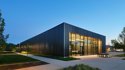 Obraz premium Sleek Steel Exterior of Modern Warehouse Office Building