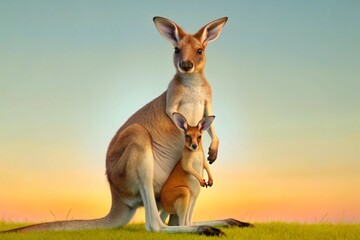 Photograph a mother kangaroo gently caring for her joey in the early morning light, surrounded by Australian bushland.

