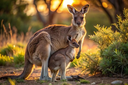 Photograph a mother kangaroo gently caring for her joey in the early morning light, surrounded by Australian bushland.
