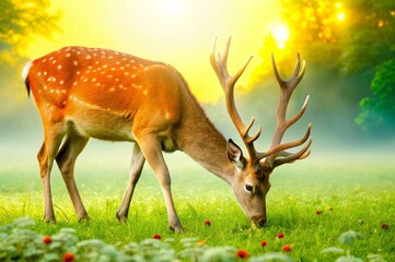 Feature  deer grazing peacefully in a misty meadow at dawn, with soft sunlight illuminating the scene.
