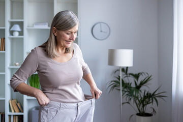 Happy senior woman examines her weight loss progress by wearing oversized pants. She stands in...