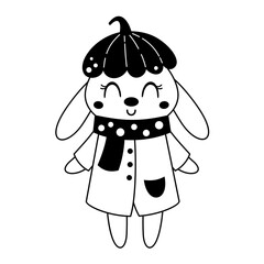 Black and white rabbit clipart. Autumn woodland animal character doodle. Cartoon vector illustration	