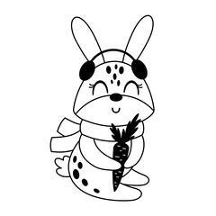 Black and white rabbit clipart. Autumn woodland animal character doodle. Cartoon vector illustration