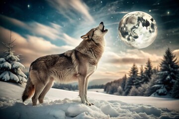 Naklejka premium Capture a lone wolf howling at the moon on a snowy night, its breath visible in the cold air. 