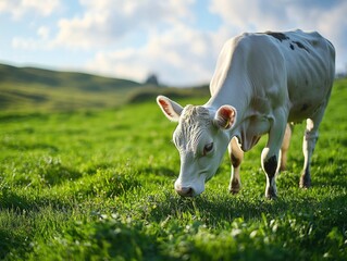 Obraz premium Calf grazing in a lush green meadow