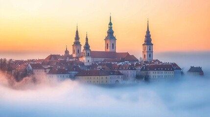 Fototapeta premium European Cityscape Bathed in Morning Fog with Church Spires