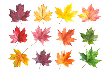 Fototapeta premium A set of twelve colorful autumn maple leaves in shades of red, yellow, orange, and green on a white background 