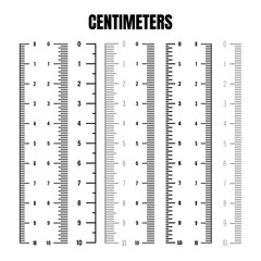 Vertical centimeter scale for measuring length or height. Various measurement scales with divisions. Ruler, tape measure marks, size indicators. Vector illustration