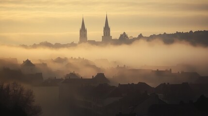 Obraz premium Twin Towers Emerging from a Misty Cityscape