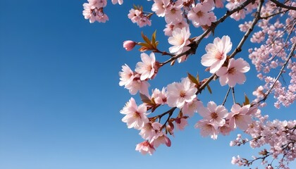 Pink cherry blossoms on a tree against a clear blue sky