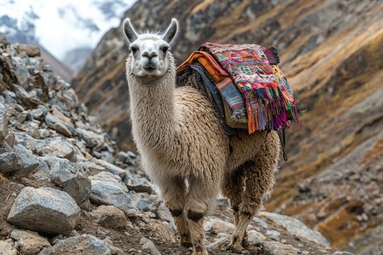Llama carrying colorful textiles in mountainous terrain