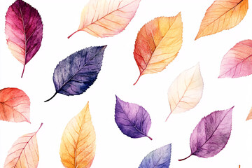 Obraz premium Watercolor illustration of scattered leaves in shades of purple, orange, and yellow on a white background 