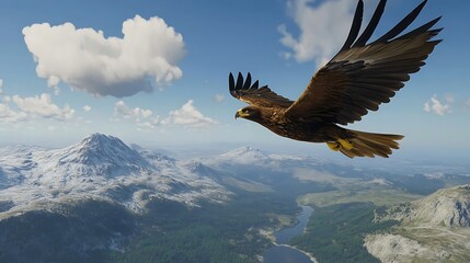 Fototapeta premium A majestic eagle soaring over a scenic mountain landscape with a serene lake below.