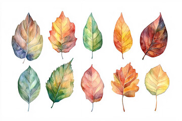 Obraz premium A collection of ten watercolor leaves in various colors ranging from green to red displayed on a white background 