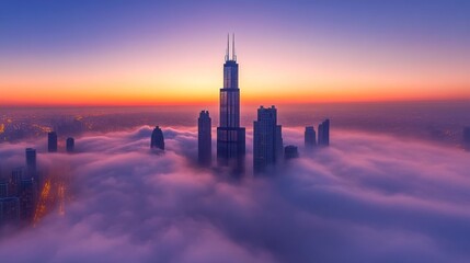 Naklejka premium Skyscrapers Emerge from a Sea of Clouds at Sunset