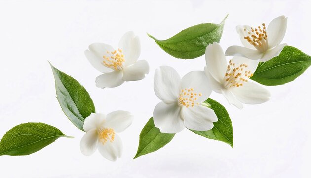Beautiful jasmine flowers (Jasminum sambac) falling into isolated white background. Jasmine flowers on levitation 