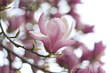a pink magnolia flower on a branch with more unopened buds