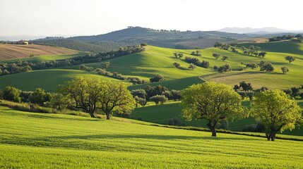 A Breathtaking Scenic Landscape Featuring Rolling Hills, Lush Greenery, and a Clear Blue Sky, Capturing the Beauty of Nature in a Peaceful Setting