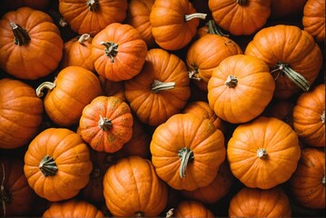 Many ripe orange pumpkins, top view