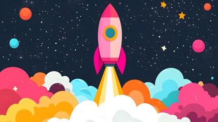 A pink rocket rises from colorful clouds, in a simple, flat illustration style with clean lines and vector graphics.