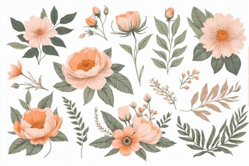 Collection of peach-colored flowers and foliage elements