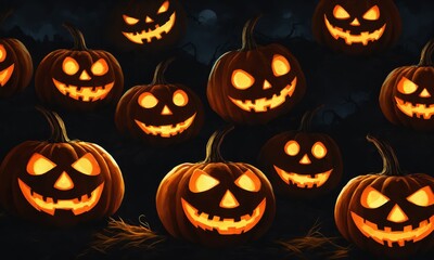 Lit Jack-o'-lanterns arranged in a spooky Halloween scene