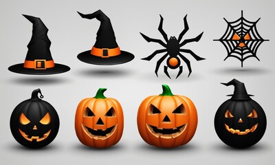 Halloween icons: witch hats, spider, web, jack-o'-lanterns