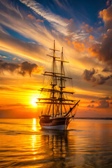 Obraz premium A large ship sails through the ocean at sunset