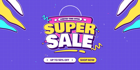 Super sale promotional banner design template. Limited time offer and discount sale poster for social media or website banner