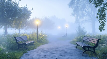 Misty Morning Path with Benches and Streetlights