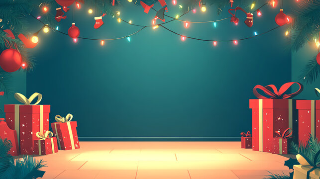 A festive scene featuring colorful gifts and string lights, perfect for holiday celebrations and seasonal decorations.