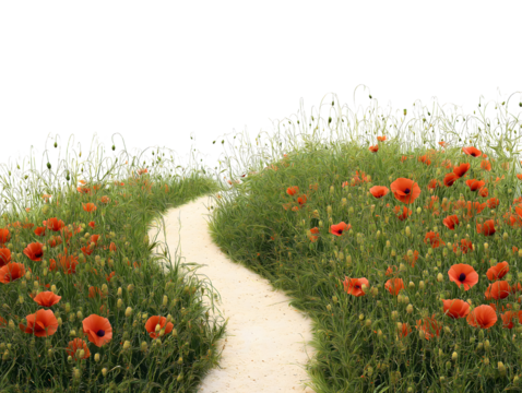 Winding path through poppy field with green grass and transparent background