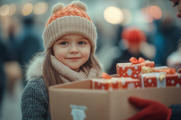 Volunteers distributing Christmas gifts to children, capturing the joy and generosity of the holiday season, perfect for showcasing charitable activities and festive celebrations